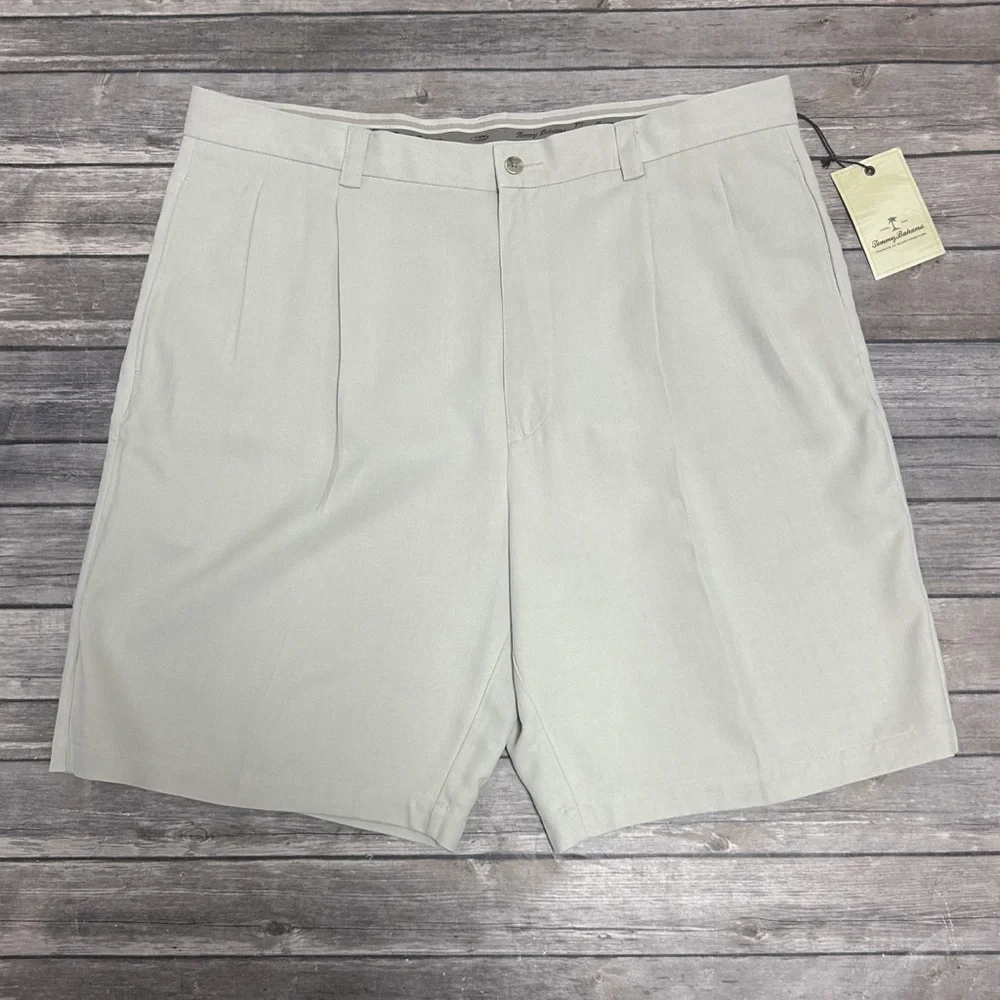Tommy Bahama Sandpoint Beige Linen Pleated Vertical Stripe Texture Dress Shorts